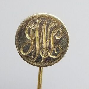 Vintage J.W.L Monogram Stick Pin, Round Gold Tone Unisex Brooch Initials Letters